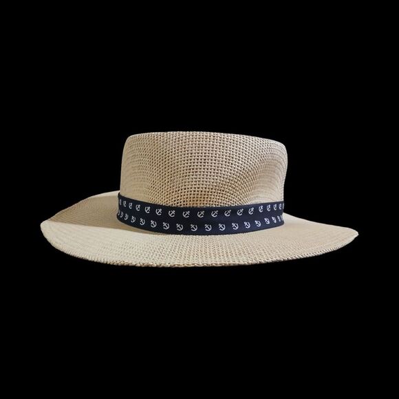 Men's Dockers Straw Gambler Hat with Anchor Print Band,  Brim Hat - Picture 2 of 4